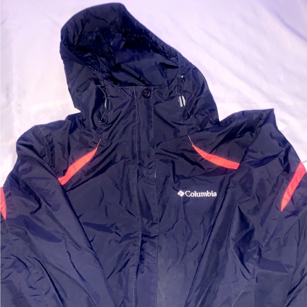 Black and red Columbia raincoat.